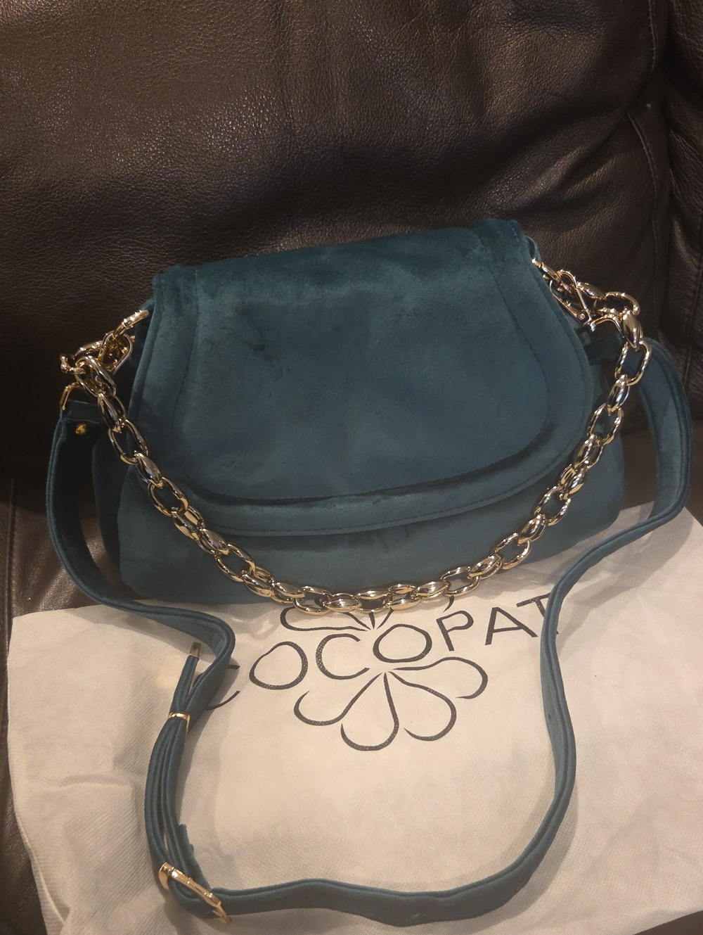 COCOPAT Sara Teal Blue Vegan Suede Crossbody Shoulder Bag Gold Chain